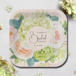 Aquarell Florals Rosa Brautparty Pappteller<br><div class="desc">Schöne Hydrangeas in Aquarell,  Rosa und Creme,  Gänseblüten,  kleine Blüten und Blätter in Rosa,  personalisieren Sie diese quadratischen Teller für Ihr Brautparty,  Verlobungsfeier,  Hochzeit oder jede Gelegenheit mit Ihren Details in schicken Schriften. PASSENDE Artikel in unserer Sammlung.</div>