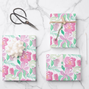 Aquarell Florals Rosenrosen Handgemalte Muster Geschenkpapier Set