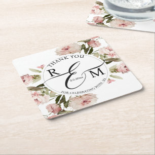 Aquarell florrosa Monogramm Hochzeit danke Rechteckiger Pappuntersetzer
