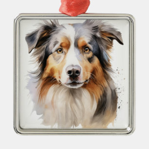 AQUARELL FLUFFIGER AUSTRALISCHER SCHÄFERHUND ORNAMENT AUS METALL