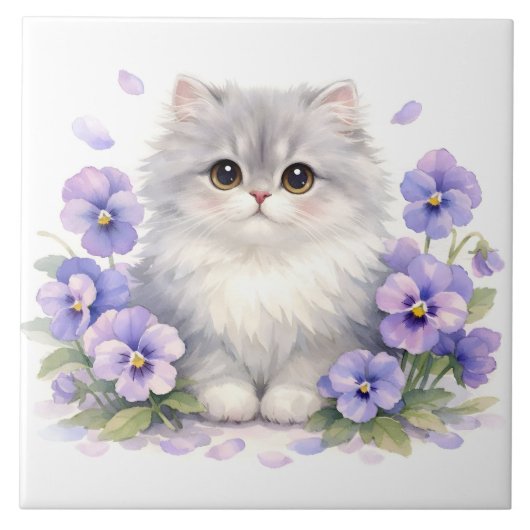 Aquarell Fluffiges Kätzchen mit violetten Stiefmüt Fliese (Vorderseite)
