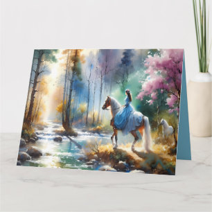 Aquarell Fluss Reiterin Wald Licht Karte