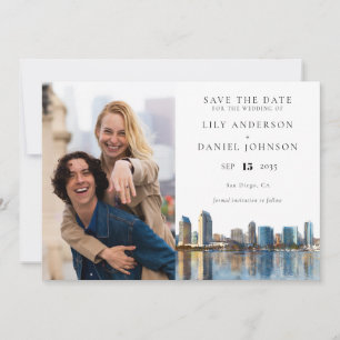 Aquarell-Foto-Hochzeit mit San Diego-Skyline Save The Date