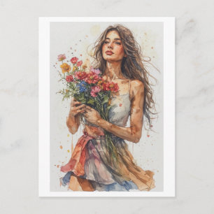 Aquarell Frau mit Blumen auf einem Feiertagspostkarte