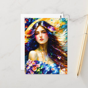 Aquarell Frau mit Blumen Postkarte