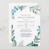 Aquarell Fresh Blue Green Blätter Brautparty Einladung (Vorne/Hinten)