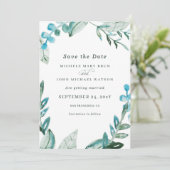 Aquarell Fresh Blue Greenery Blätter Wedding Rett Save The Date (Stehend Vorderseite)