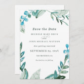 Aquarell Fresh Blue Greenery Blätter Wedding Rett Save The Date (Vorne/Hinten)