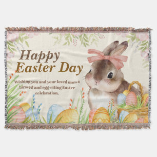 Aquarell Frohe Ostern Floraler Hase mit Schleife Decke