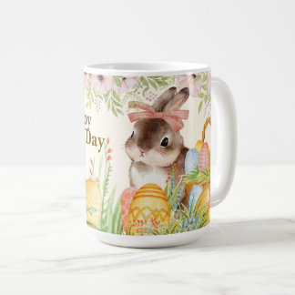 Aquarell Frohe Ostern Floraler Hase mit Schleife Kaffeetasse