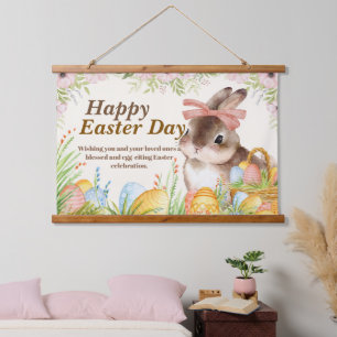 Aquarell Frohe Ostern Floraler Hase mit Schleife Wandteppich Mit Holzrahmen