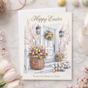 Aquarell Frohe Ostern von unserem Zuhause zu deine Feiertagskarte