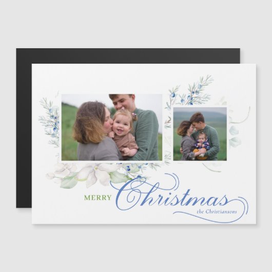 Aquarell Frohe Weihnachts-Script Juniper-Foto Magnetkarte (Vorne/Hinten)
