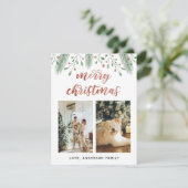 Aquarell Frohe Weihnachtskalligraphie Zwei Fotos Feiertagskarte (Stehend Vorderseite)