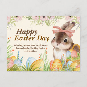 Aquarell-Fröhlicher-Osterhase-mit-Schleife Feiertagspostkarte