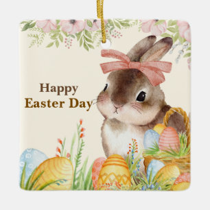 Aquarell-Fröhlicher-Osterhase-mit-Schleife Keramikornament