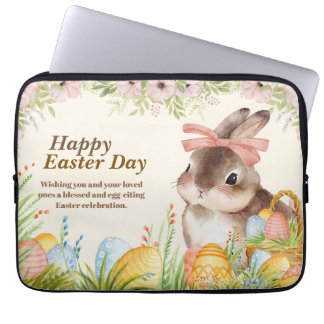 Aquarell-Fröhlicher-Osterhase-mit-Schleife Laptopschutzhülle