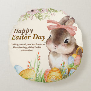Aquarell-Fröhlicher-Osterhase-mit-Schleife Rundes Kissen