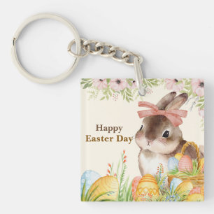 Aquarell-Fröhlicher-Osterhase-mit-Schleife Schlüsselanhänger