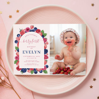 Aquarell-Frucht-Baby-Foto-Erdbeere-Erster-Geburtst Einladung