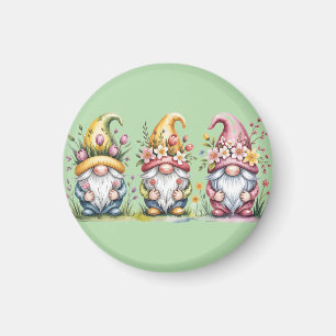 Aquarell-Frühlings-Gnom-Trio mit Blumenhüten Magnet