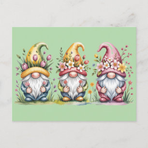 Aquarell-Frühlings-Gnom-Trio mit floralen Hüten Feiertagspostkarte