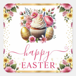Aquarell-Frühlingsblumen-Cupcake-Ostern Quadratischer Aufkleber