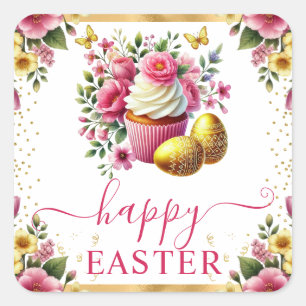Aquarell-Frühlingsblumen-Cupcake-Ostern Quadratischer Aufkleber