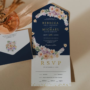 Aquarell Frühlingsblumen Gold Marineblau Hochzeit All In One Einladung