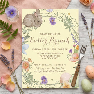 Aquarell-Frühlingsblumen-Hasen-Oster-Brunch  Einladung