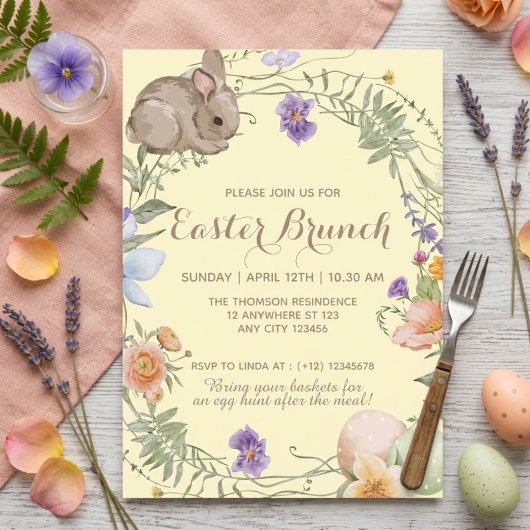 Aquarell-Frühlingsblumen-Hasen-Oster-Brunch  Einladung