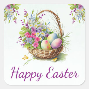 Aquarell-Frühlingsblumen-Korb Frohe Ostern Quadratischer Aufkleber
