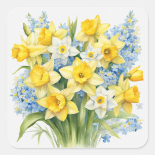 Aquarell-Frühlingsblumen Osterglocken Quadratischer Aufkleber