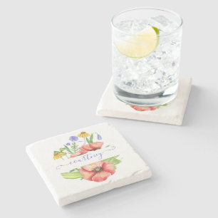 Aquarell-Frühlingsblumen personalisiert  Steinuntersetzer