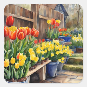Aquarell Frühlingsblumen Tulpen Narzissen Garten Quadratischer Aufkleber