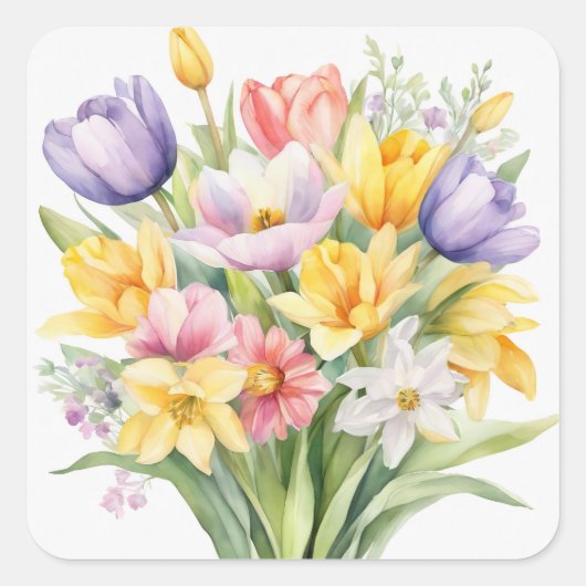 Aquarell-Frühlingsblumen Tulpen Quadratischer Aufkleber (Vorderseite)