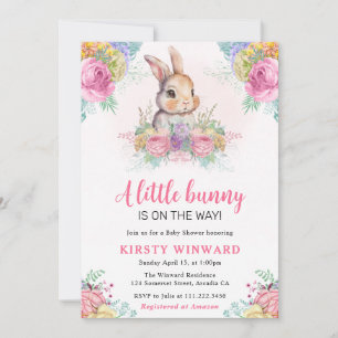 Aquarell-Frühlingsblumen und -Hase Baby Shower Einladung