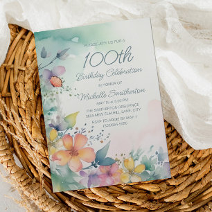 Aquarell-Frühlingsblumen zum 100. Geburtstag Einladung