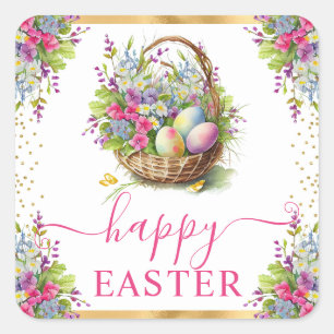 Aquarell-Frühlingsblumenkorb Frohe Ostern Quadratischer Aufkleber