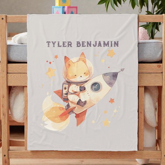 Aquarell-Fuchs auf Weltraumrakete Fleecedecke