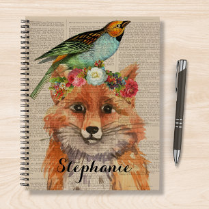 Aquarell-Fuchs-Blumen-Collage Personalisierter Nam Notizblock