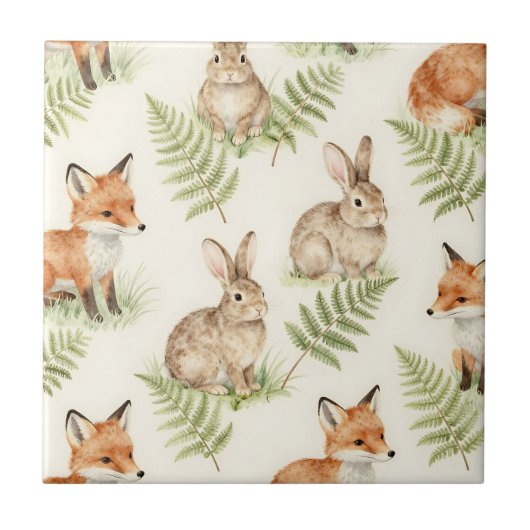 Aquarell Fuchs und Hase Wald Muster Fliese (Vorderseite)