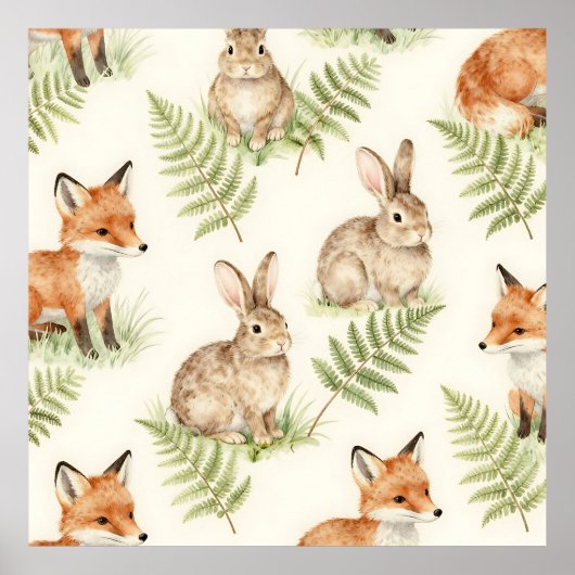 Aquarell Fuchs und Waldkaninchen Muster Poster (Vorne)