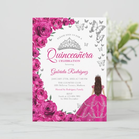 Aquarell Fuchsia Pink Floral Quinceanera Einladung (Stehend Vorderseite)