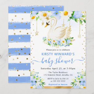 Aquarell-Gänseblümchen & Blaue Blumen Schwan Baby Einladung