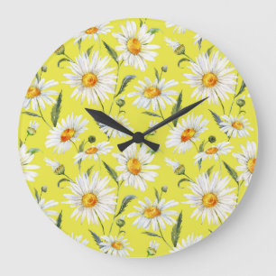 Aquarell-Gänseblümchen, gelbes nahtloses Muster. Große Wanduhr