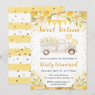 Aquarell-Gänseblümchen-LKW und Blumen Sweet Sixtee Einladung