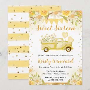 Aquarell-Gänseblümchen-LKW und Blumen Sweet Sixtee Einladung