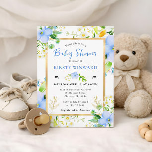 Aquarell-Gänseblümchen und Blaue Blumen Babyparty Einladung