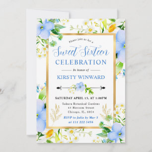 Aquarell Gänseblümchen und blaue Blumen Sweet 16 Einladung